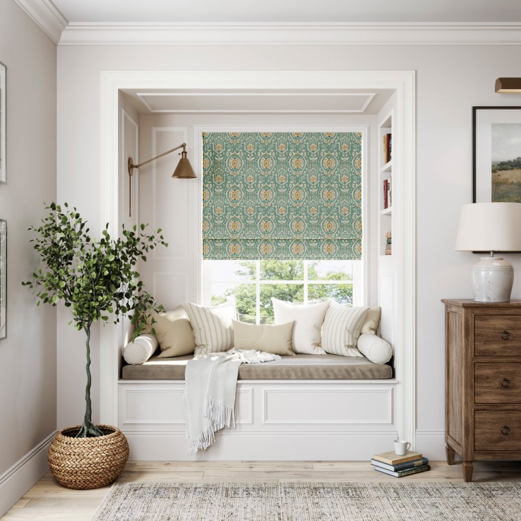 Chapan Teal Roman Blind Lifestyle